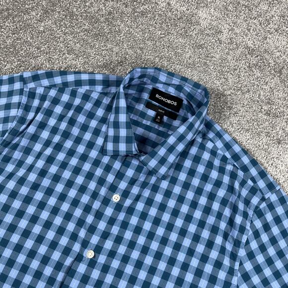 Bonobos Dress Shirt Mens Extra Large Slim Fit Gingham Plaid Button Up Blue - Picture 1 of 12